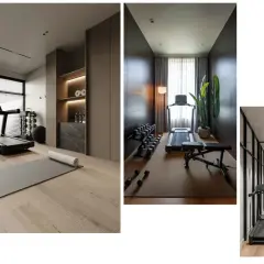 Elegante palestra in casa poco spazio con tapis roulant, cyclette, pesi e tappetino.