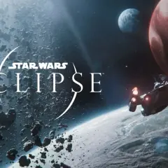 Statek kosmiczny leci przez pole asteroid w kierunku planety. W tle widać gazowego giganta i księżyc. Napis "Star Wars Eclipse" sugeruje mroczną przyszłość galaktyki.