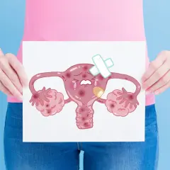 Smutna, zaklejona plastrami macica dwurożna z ranami i łzami.