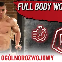 Mężczyzna ćwiczy na poręczach, przygotowując się do treningu FBW. Ikony stopera i bicepsu sugerują efektywność i siłę.