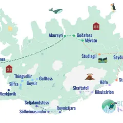 Carte d'un voyage en Islande d'une semaine, montrant les sites clés comme Reykjavik, Gullfoss, Jökulsárlón et Seyðisfjörður.