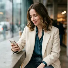Uśmiechnięta kobieta w beżowym płaszczu przegląda telefon, zastanawiając się, jak pisac z dziewczyna.