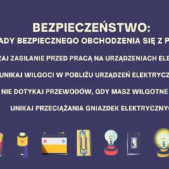 Ilustracja przedstawia zasady bezpieczeństwa dotyczące prądu: baterie, bezpiecznik, żarówkę i wyłącznik.