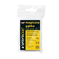 Opakowanie z napisem "VIRAGE magiczna gąbka". Gąbka melaminowa do czyszczenia bez detergentów, idealna do auta i domu.
