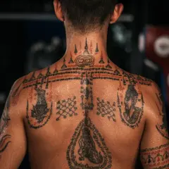 En rygg täckt av detaljerade sak yant muay thai-tatueringar, med symboler och skrifter som berättar en historia om styrka och skydd.