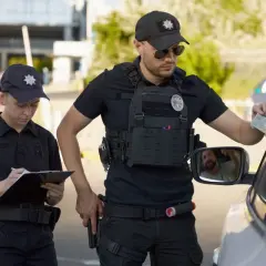 Deux agents de police contrôlent un conducteur. L'un prend une pièce d'identité, l'autre note un défaut de maîtrise du véhicule natinf.