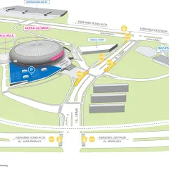 Mapa okolic TAURON Areny Kraków, pokazująca dojazd i parkingi. Idealne miejsce na kraków koncerty tauron arena.