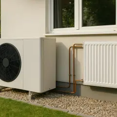 Une pompe à chaleur extérieure est connectée par des tuyaux en cuivre à un radiateur blanc fixé au mur d'une maison.