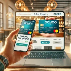 Dłoń trzyma smartfon z aplikacją Paypo do zakupów online, obok leży laptop z podobnym interfejsem.