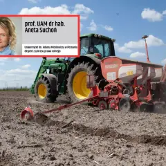 Aktywny rolnik w akcji! Zielony traktor z siewnikiem Gaspardo orze pole. W rogu zdjęcie prof. Anety Suchoń, ekspertki prawa rolnego.