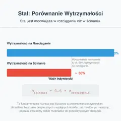 Wykres porównuje wytrzymałość stali na rozciąganie i ścinanie. Stal jest mocniejsza na rozciąganie. Wytrzymałość na ścinanie to ok. 60% wytrzymałości na rozciąganie.