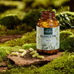 Flasche Quercetin-Kapseln neben einigen Kapseln auf Moos. Die Quercetin Wirkung auf die Psyche wird oft diskutiert.