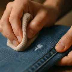 Main tenant une lingette pour essayer de comment enlever de la peinture sur un jean.