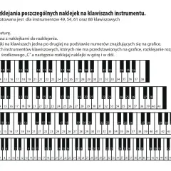 Naklejki z numerami na klawiszach instrumentu klawiszowego. Różne sekcje klawiatury (49, 54, 61, 88 klawiszy) z ponumerowanymi klawiszami.