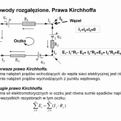 Schemat obwodu elektrycznego z rezystorami, źródłami napięcia i prądami. Pokazuje zastosowanie praw Kirchhoffa do analizy obwodów.