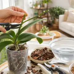Des mains coupent une tige d'orchidée, étape clé pour savoir comment entretenir une orchidée à l'intérieur.