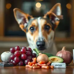 Pies patrzy na stół z zakazanymi produktami: czekoladą, winogronami, cebulą, awokado. Zastanawiasz się, jakie przyprawy dla psa są bezpieczne?