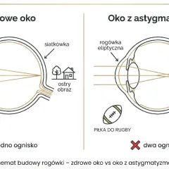 Schemat oka zdrowego i z astygmatyzmem, pokazujący różnicę w ogniskowaniu światła.