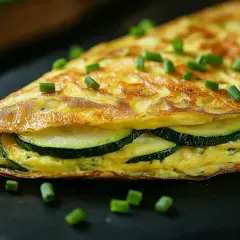 Ein goldbraunes Zucchinio-Omelett, gefüllt mit Scheiben von Zucchini und garniert mit Schnittlauch.