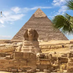 Den ikoniska Sfinxen och pyramiderna i Egypten, en tidlös vy under en klarblå himmel med en ensam fågel som svävar.
