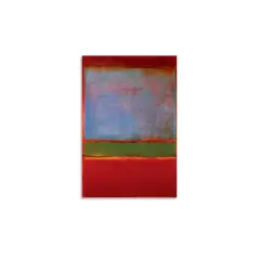 Abstract painting no. 6 (violet, green and red) features soft, rectangular blocks of color: deep red at the top and bottom, a vibrant green in the middle, and a hazy blue-violet in between.