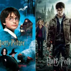 Plakaty z różnych części Harrego Pottera: młody Harry z Hagridem i Dumbledore'em, a obok dorosły Harry z Hermioną i Ronem.