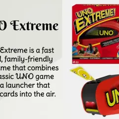 Gra UNO Extreme z wyrzutnią kart, która wystrzeliwuje je w powietrze. Zasady są proste, a zabawa gwarantowana!