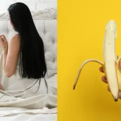 Para, która przygotowuje się do intymnych chwil, sugeruje seks bez zabezpieczenia. Obok, banan z kroplami płynu, symbolizuje płodność i ryzyko.