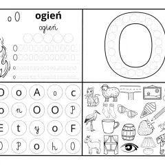Karta pracy do nauki litery "o" i słowa "ogień". Ćwiczenia z pisania, rozpoznawania liter i obrazków.