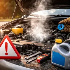 El sistema de refrigeración del motor está humeando. Hay una señal de advertencia, herramientas y un bidón de refrigerante.