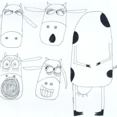 Cinco vacas con expresiones divertidas. Una vaca grande y manchada se para a la derecha. Ideal para actividades sobre la vaca que puso un huevo.