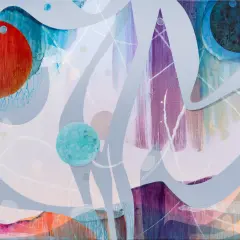 Abstract painting with a red circle, a turquoise circle, and purple and blue streaks, evoking a cosmic dance like Venus and Mars.