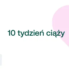10 tydzień ciąży. D+ i symbol kobiety w ciąży na tle różowego serca.
