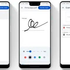 Demostración de cómo firmar un documento en el móvil. Se muestra la interfaz para dibujar la firma y guardarla en Drive.