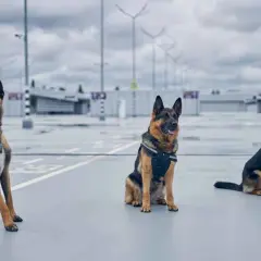 Tres perros antidroga, razas pastor belga y pastor alemán, entrenados para misiones de seguridad.