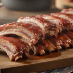 Des travers de porc savoureux, nappés d'une sauce barbecue rouge, prêts à être dégustés sur une planche en bois.