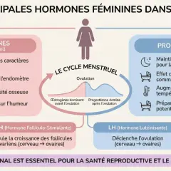 Schéma des hormones féminines : œstrogènes, progestérone, FSH, LH. L'équilibre hormonal est clé pour la santé reproductive.