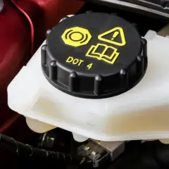 Le réservoir de liquide de frein est visible, avec le bouchon noir marqué "DOT 4". Le niveau du liquide est bien visible dans le récipient translucide.
