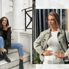 Dwie kobiety prezentują stylizacje do kina: jedna w czarnej bluzce i jeansach, druga w jasnej kurtce i białym topie.