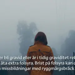En kvinna i en gul jacka går genom dimman. Texten varnar för att brist på folsyra kan orsaka missfall.