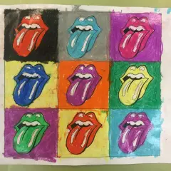 Un collage de bocas con lenguas sacadas, al estilo de Andy Warhol para niños, en vibrantes colores.