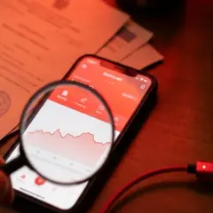Analiza wykresów na telefonie pod lupą. Czy dochód z wynajmu mieszkania wlicza się do dochodu? Dokumenty i laptop w tle.