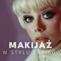 Ikona stylu lat 60. z wyrazistym makijażem oczu i błyszczącymi ustami.