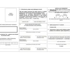 Fragment formularza paszportowego z polami do wypełnienia, w tym sekcje dotyczące danych osobowych, zgody rodziców i adnotacji urzędowych.
