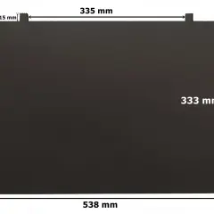 Czarny deflektor do kominka francuskiego, wymiary 538x333 mm, z zaznaczonymi detalami montażowymi 15 mm i 50 mm.