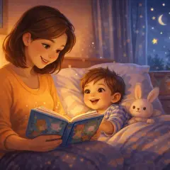 Mama czyta bajki dla 3 latka przed snem. W pokoju panuje magiczna atmosfera, a za oknem widać nocne niebo.