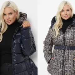 Dwie modne kurtki plus size: błyszcząca granatowa i wzorzysta z paskiem.