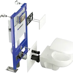 Vue éclatée d'un système Geberit pour le raccordement wc suspendu, montrant le bâti-support, la plaque de déclenchement et la cuvette.