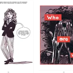 Contemporary feminist art: a woman with curly hair in a suit speaks of mirrors, while another figure hides their face behind hands, with text asking "Who are we?".