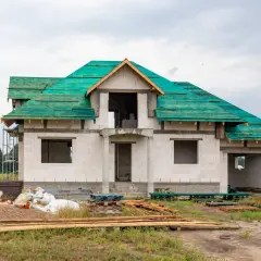 Dom w budowie z zielonym dachem i materiałami budowlanymi na placu.
